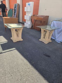 Pair of Glass Top Stone Pedestal End Tables