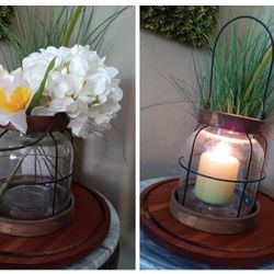$12 Rustic Lantern, Use Inside or Outside With a Candle or Flowers. Wood, Glass, Metal