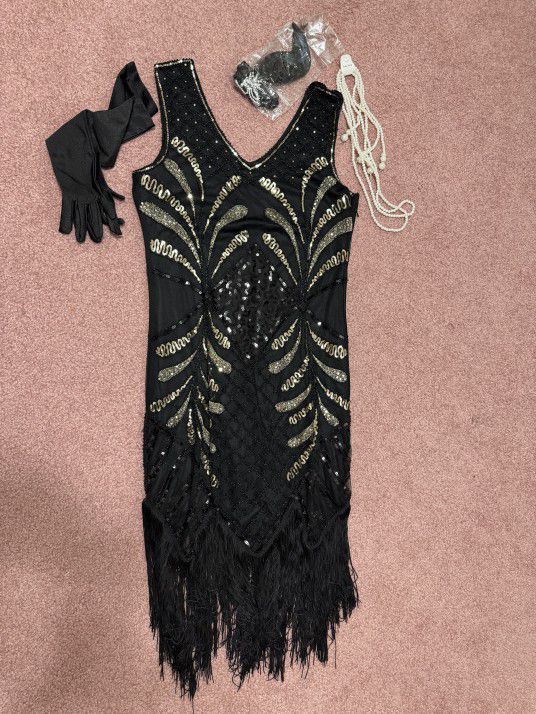 New Large Beaded Fringe Evening Dress Flapper Costume 