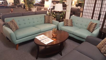 Brand new mid century modern sky blue/ash black/tan sofa + loveseat