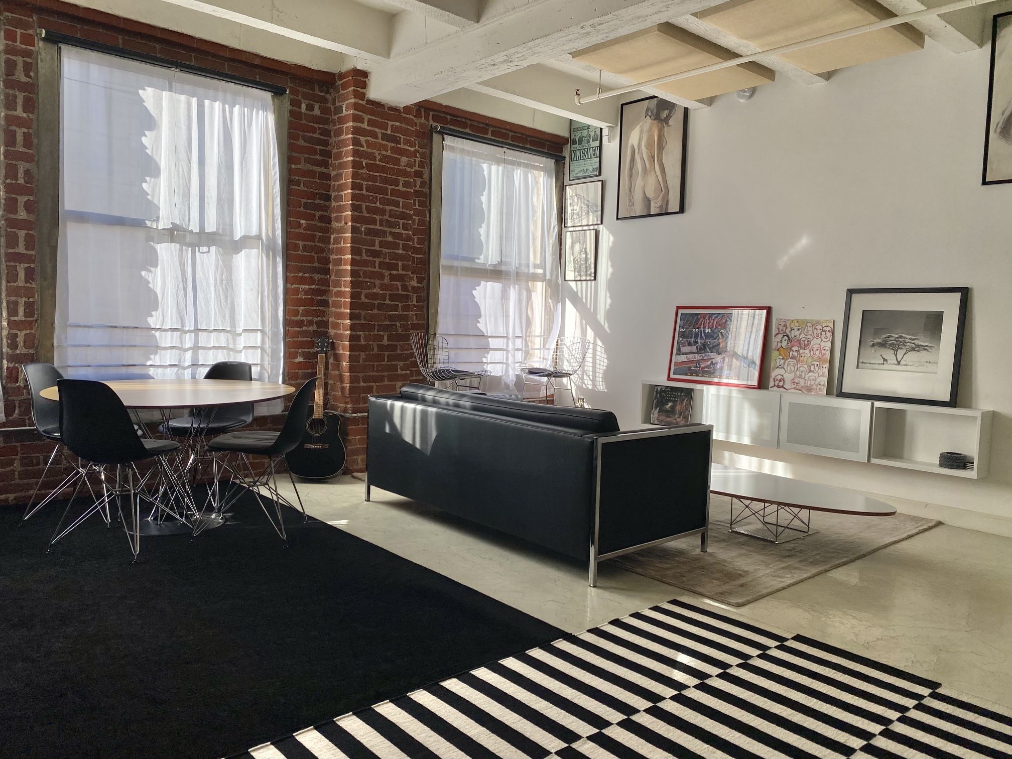 Authentic Mid-Century Sleeper Sofa 1958, Herman Miller Eames Wire Base Elliptical Surfboard Coffee Table, Modernica Noguchi Style Cyclone Table & More