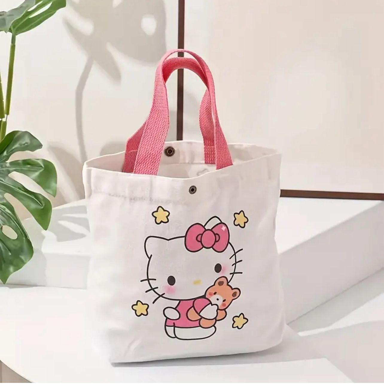 Adorable Hello Kitty Cartoon Print Canvas Tote Bag: Durable, spacious, and stylish crossbody bag with adjustable strap, perfect for everyday use, scho