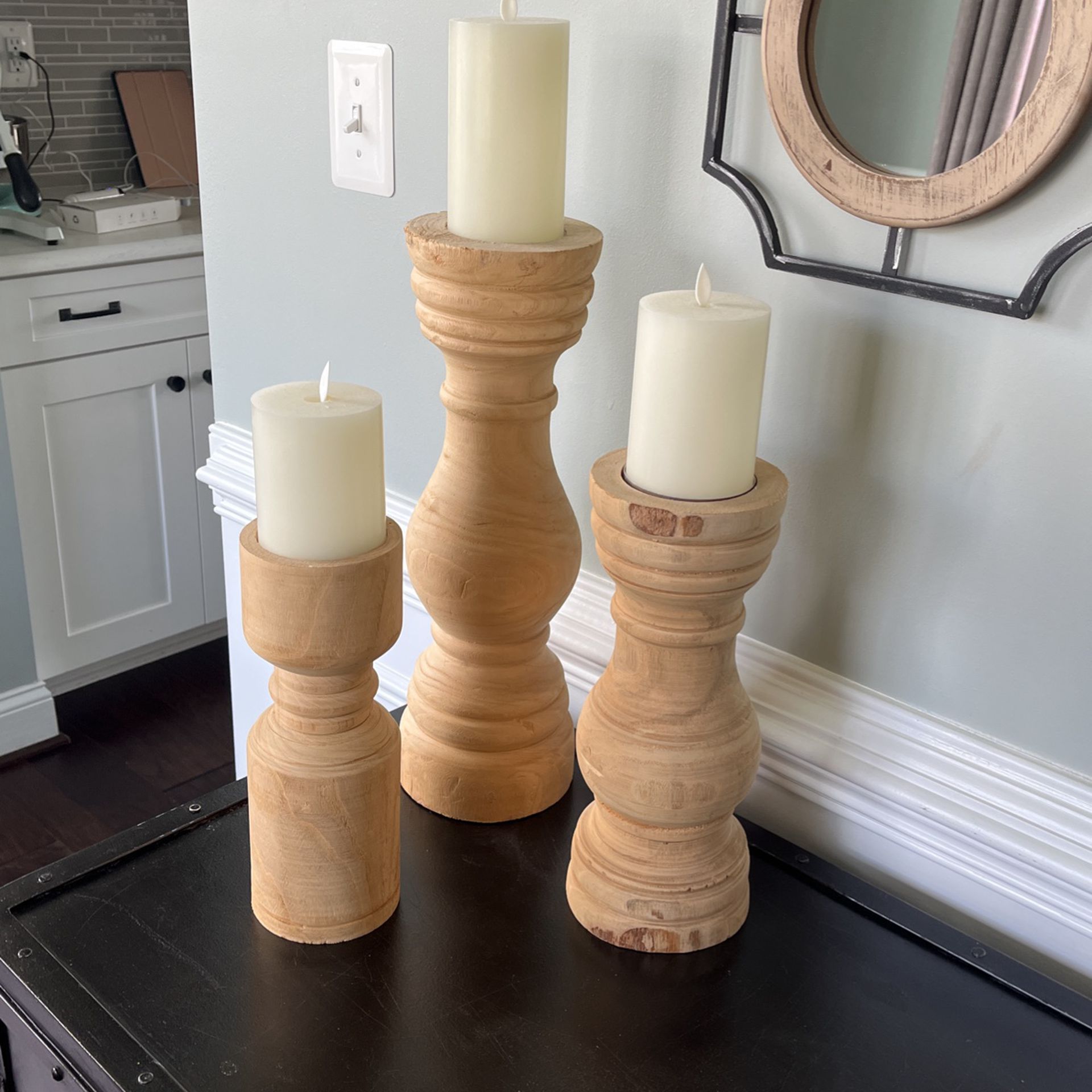 Set Of Three Wood Pillar Candlesticks  With Flameless Candles
