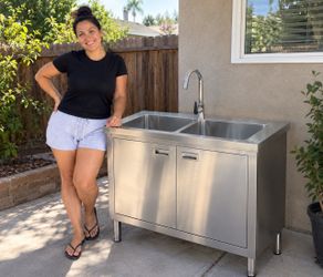 Jocisland 38 x 24 x 34 Inch Stainless Steel Utility Sink with Cabinet Double Bowl Sink, Commercial Freestanding Cabinet with Double-Door Storage for R