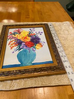 Floral original  signed still life oil painting in ornate gold finish wood frame. 13 x 11 . Cottage
