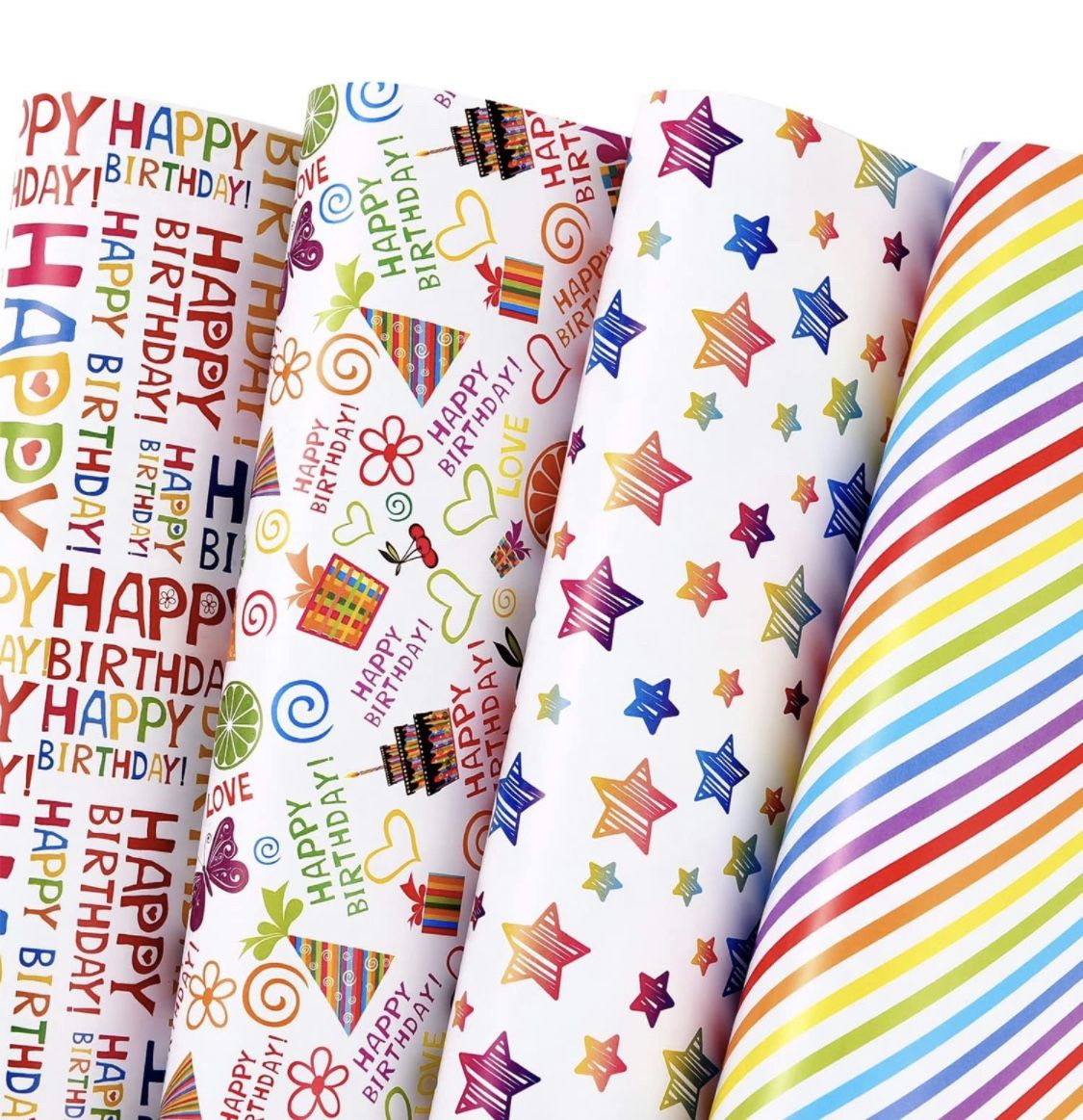 Brand New! PlandRichW Birthday Wrapping Paper 12 Sheets Folded Flat for Kids, Boys, Girls, Adults.Includes Happy Birthday, Star, Rainbow, Cake 4 Color