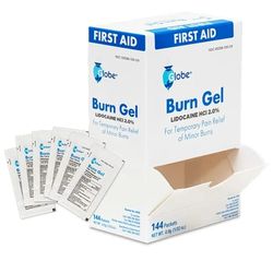 Globe First Aid Burn Gel with Aloe 0.9g Packets, (Box of 144) Advanced First Aid Gel for Temporary Relief of Minor Burns, Cuts, and Scrapes