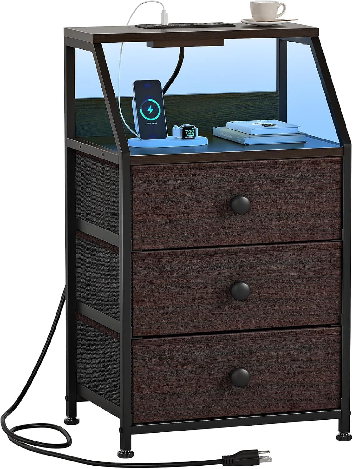HD014BN-1 Nightstand with Charging Station and Led Light, 3 Fabric Drawers ,Dark Brown