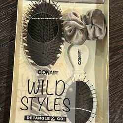 Conair Wild Styles Detangle & Go Brushes and Scrunchie, Set of 3 New In Box
