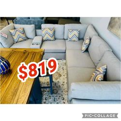 106"W Gray Linen Fabric 6Pc Reversible Sectional Sofa with a USB, Charging Ports, Cupholders, Storage Console Table and Pillows 