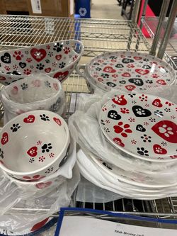Ceramic Dinnerware Set - Heart and Paw Print Pattern - Multi Piece - Used