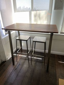 CB2 bar table + 2 metal bar stools