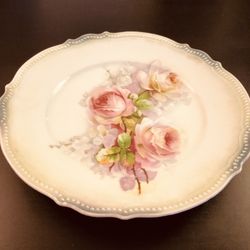 Beautiful Pink Rose Antique German Ceramic Plate Hand Painted By Silesia P.K