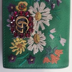 Textured Calfskin Crystal Fiori Floral Embroidered GG Wallet Grass Green