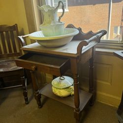 Antique Walnut Wash Stand With Wash Bowl And Pitcher