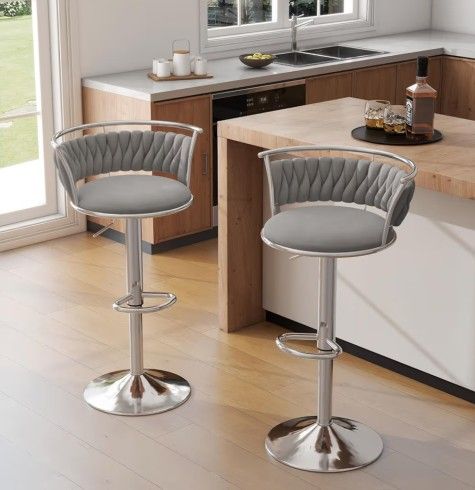 UIXE 360° Swivel Bar Stools Set of 2, Modern Adjustable Counter Height Velvet Bar Chair Silver Metal Stool, Comfy Kitchen Island Dining Chairs with Wo