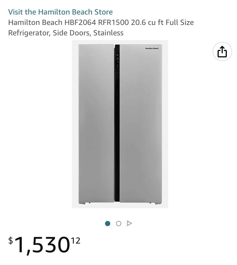 Hamilton Beach HBF2064 RFR1500 20.6 cu ft Full Size Refrigerator, Side Doors, Stainless