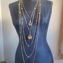 Goldette Jewelery  Vintage 5 Strand Intaglio With Crystal Cameo, Spinning Charm Watch Fob Pendant  And Bezel  Chain Neclace 