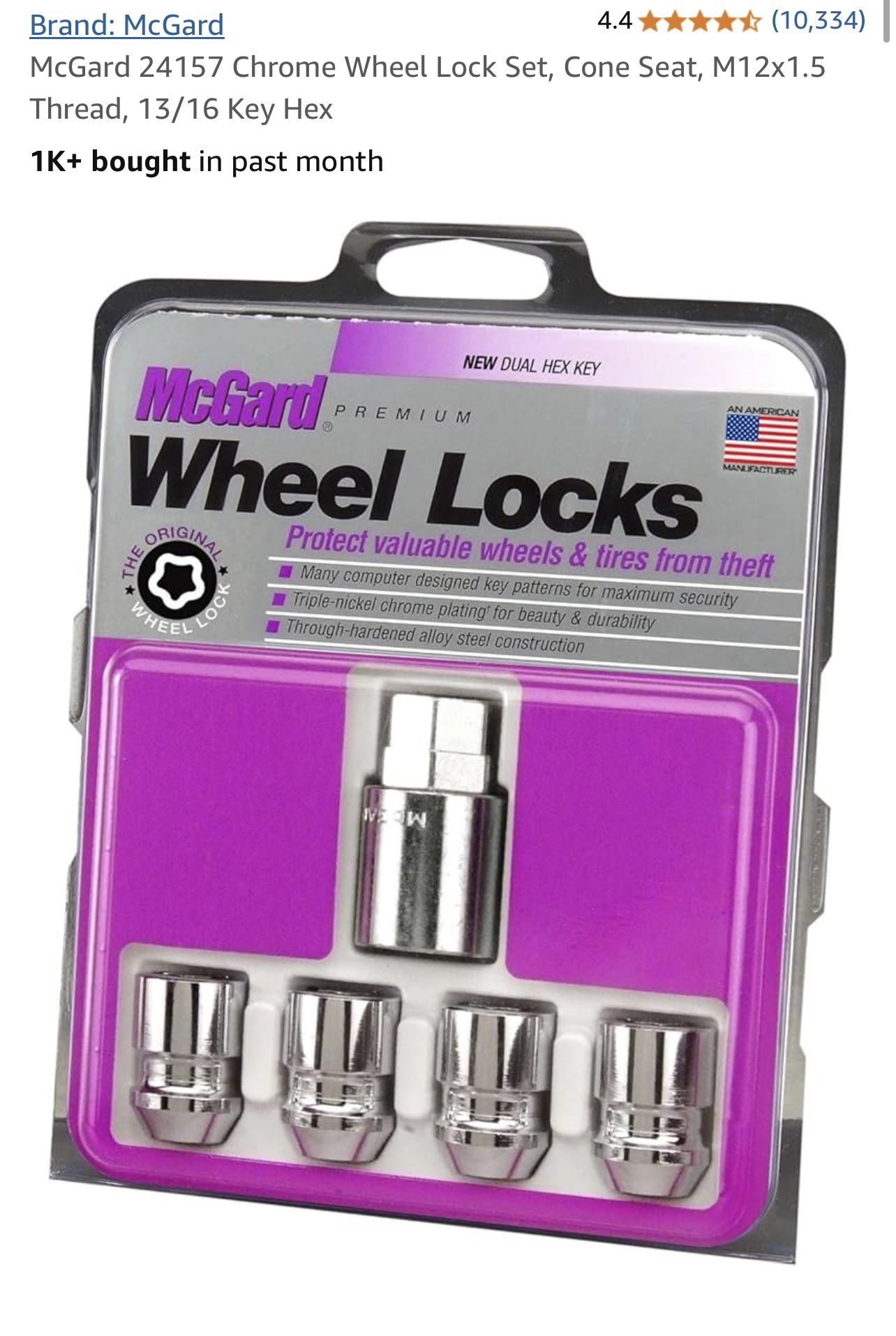McGard 24157 Chrome Wheel Lock Set, Cone Seat, M12x1.5 Thread, 13/16 Key Hex