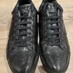 Gucci GG Embossed Leather Sneakers Low Top Lace Up Black Designer Shoes
