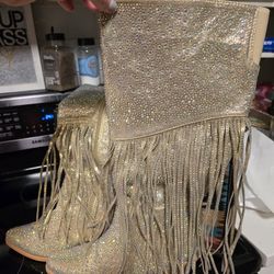 Gold Sequin Fringe Boots - NEW