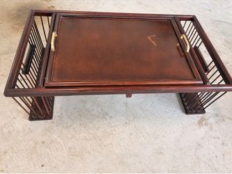 Bombay Company mahogany breakfast bed table featuring a removable serving tray and slatted storage compartments