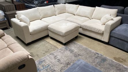 IVORY Sectional 99x99 includes 29x29 Ottoman plush corduroy pick up can deliver