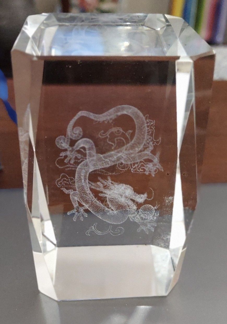 3D Chinese Dragon Chasing Pearl Etched Crystal Paperweight With Box