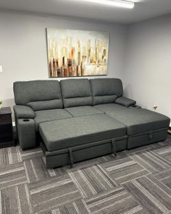 94"W Gray Fabric Sleeper Sectional Sofa Chaise with Storage Arms and Cupholder