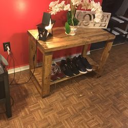 Golden Oak Stain Entryway Bench With Storage Shelving