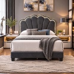 Dark Gray Cal King Size Platform Bed Frame LED Light