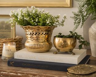 VINTAGE Lot 2 BRASS FRETT WORK PLANTER Ornate Antique Pierced Cachepot Hearts Lion Feet Footed Mid Century Table Decor Collectible Plants Retro Victor