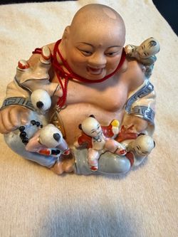 Vintage Laughing Buddha Figurine with Children Ceramic Statue Asian Decor 6”