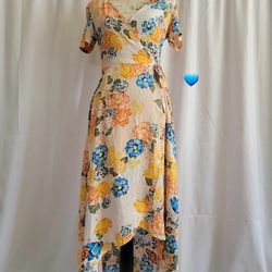 Women's Floral High Low Maxi Wrap Dress Short Sleeve V Neck Flowy Front Slit Tie-Waist Summer Beach Party Dress SIZE SMALL NEW.
