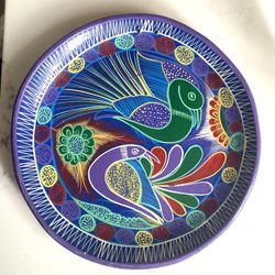 Vintage Mexican Terra Cotta Art Pottery 8" Purple with Birds Wall Art Plate Hand Painted  Has holes in top of plate for stringing to hang 