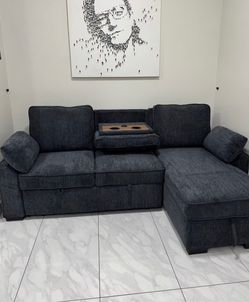 Dark Gray Sectional Sofa with Chaise and Cupholder