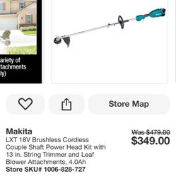 Makita LXT 18V Brushless Cordless Couple Shaft Power Head Kit with 13 in. String Trimmer and Leaf Blower Attachments, 4.0Ah