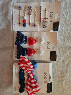 Sophi USA Patriotic Hair Accessory Set 3 Packs Bobbi Pins (6) Scrunchies (3) & Claw Clips(6) New