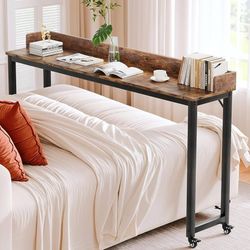 Overbed Table with 360° Wheels, Queen Size Mobile Bed Desk, Brown