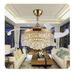 42" Crystal Chandelier Invisible LED Ceiling Fan Light 3-Color Lamp w/ Remote