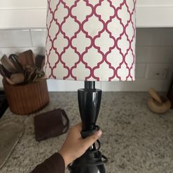 Modern Black Table Lamp with Pink Pattern Shade – Works Perfectly – MOVING OUT SALE