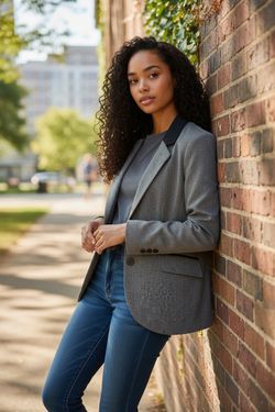 Conrad C Collection Sz 4 Stretch Blazer Jacket 3-Button Black Contrast Collar.