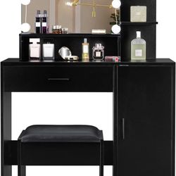 Vanity Table Set with Lighted Mirror ,Black Makeup Vanity Set with 10 LED Lights in 3 Colo