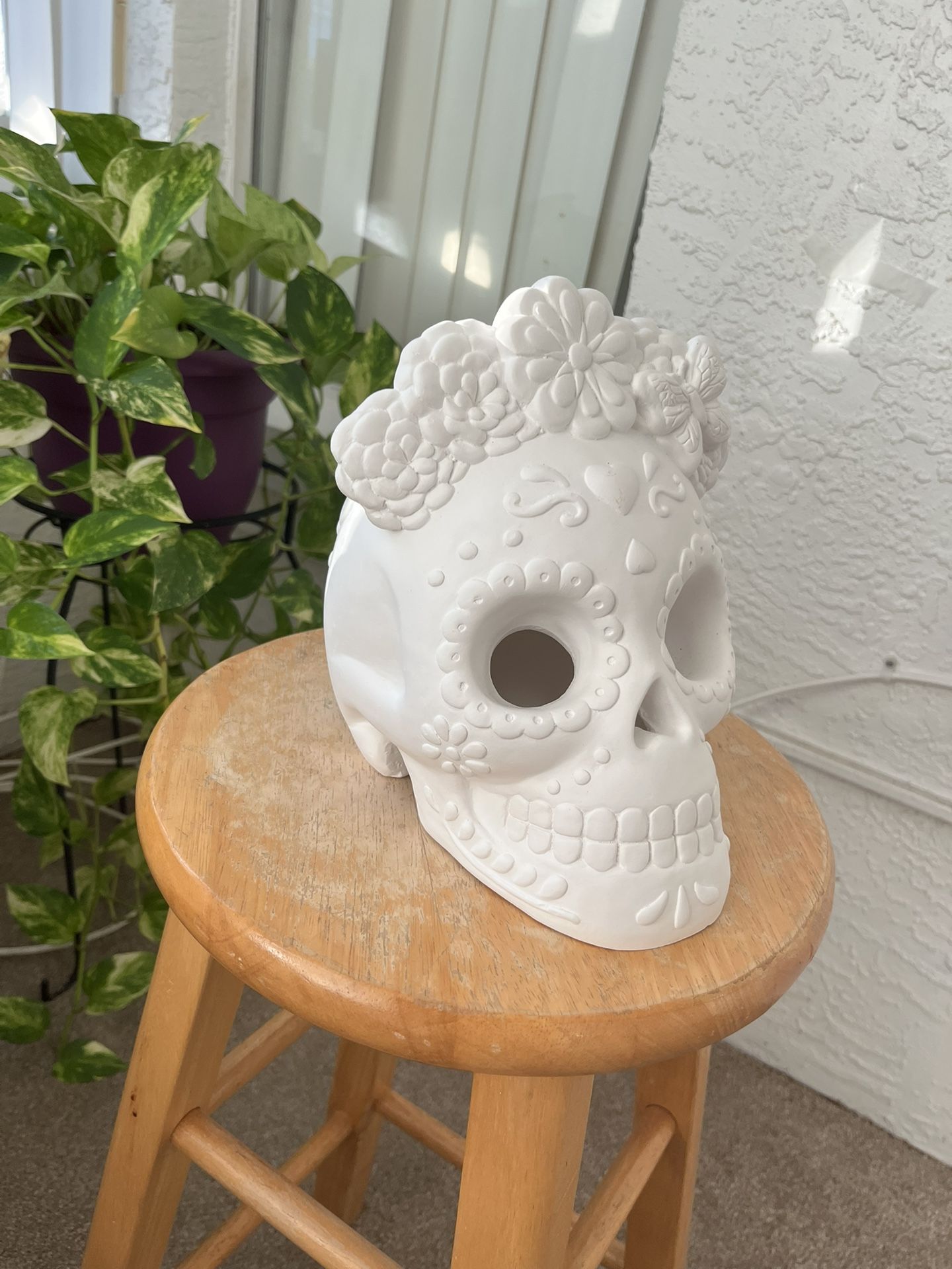 White Ceramic Sugar Skull Decor – Unpainted, Ready to Customize (female)