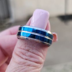 Tungsten Blue And Silver Wedding Band... S9