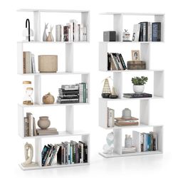 New Set of 2 Costway 5-Tier Geometric S-Shaped Bookshelf Room Divider Storage Display Shelf White