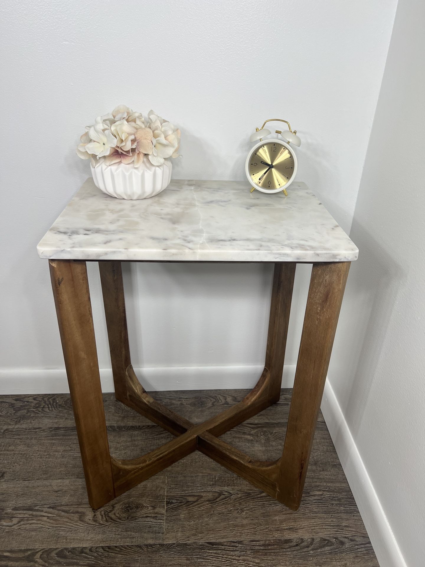 Wood & Marble Top Nightstand / Accent Table / End Table. H-24” L-18” W-14” handcrafted in India