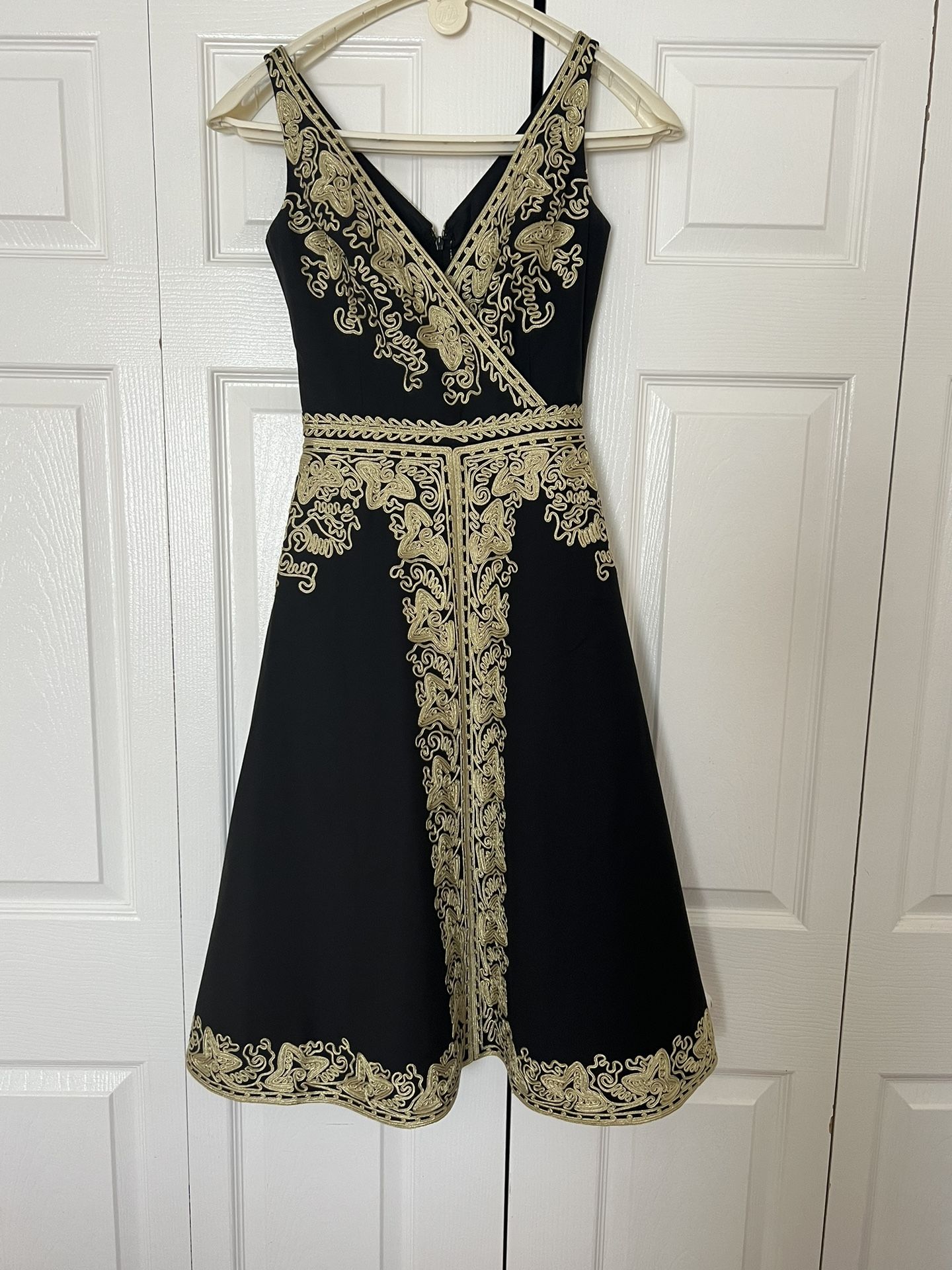 Beth Bowley Anthropologie Wool Party Dress Black Gold Embroidery Dress(0-XS)