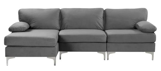 Gray Velvet Sectional Sofa with Chaise