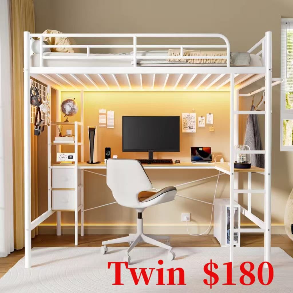 Twin Metal Loft Bed with L-Shaped Desk, Loft Bed Frame with Charging Station, Storage Bed with 2 Drawers & Open Shelf, Safety Guard & Ladder